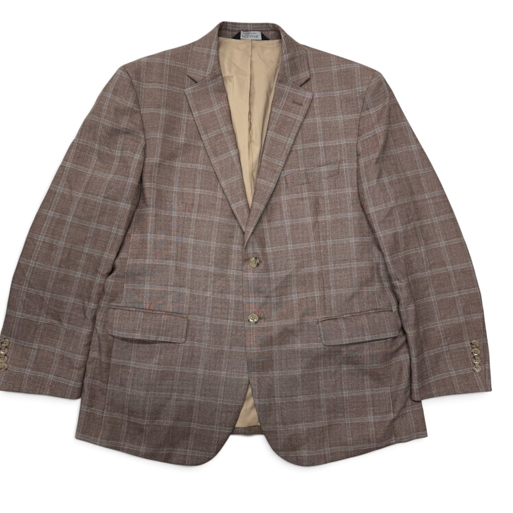 Jos A Bank Traveler Blazer 46R Windowpane Brown Blue Plaid Wool Tailored Fit
